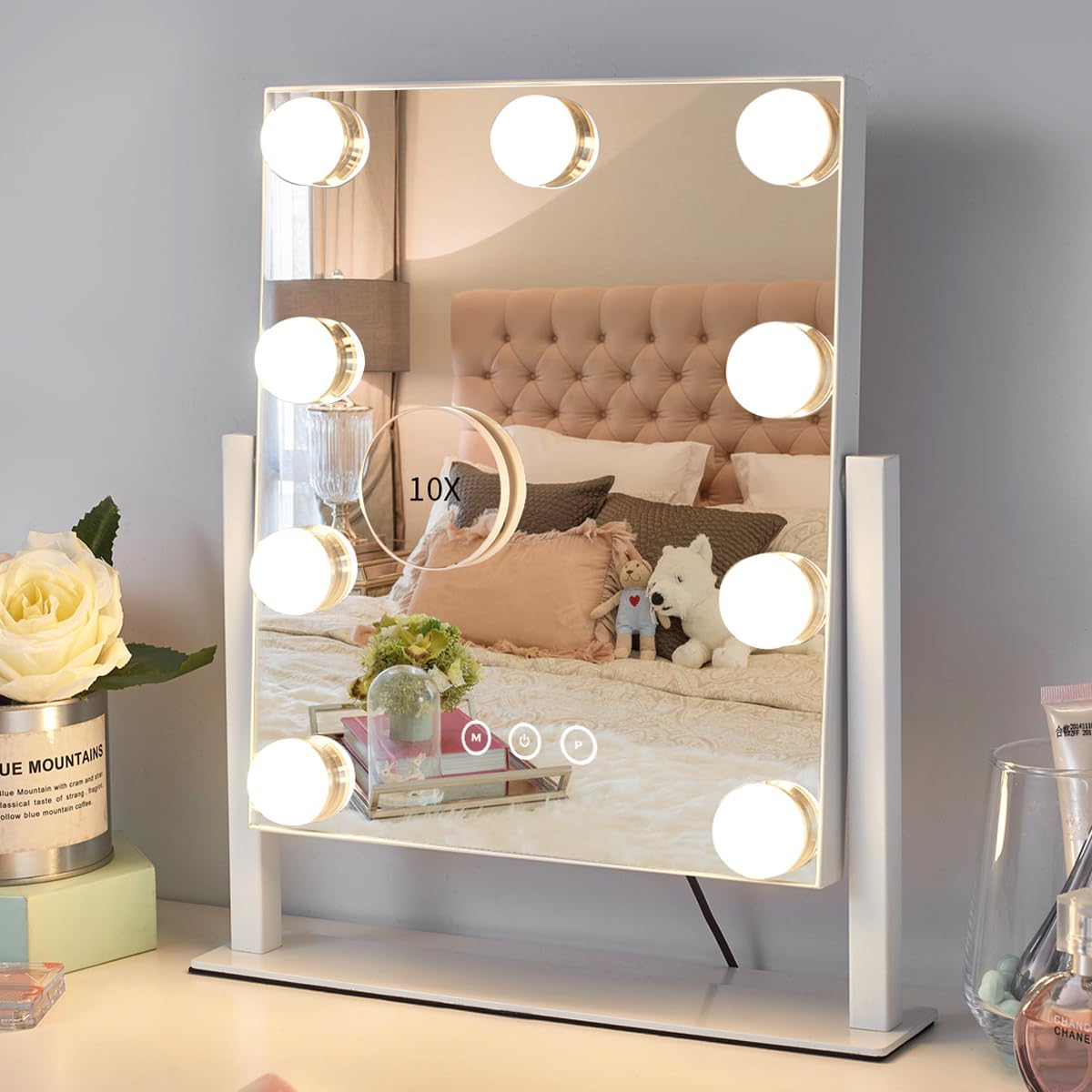 Vanity Mirror with Lights,Lighted Vanity Mirror with 9 Dimmable Bulbs for Dressing Room & Bedroom,3 Color Lighting,Modes Detachable 10x Magnification 360°Ratation(White) 12″ L x 14.4″ W